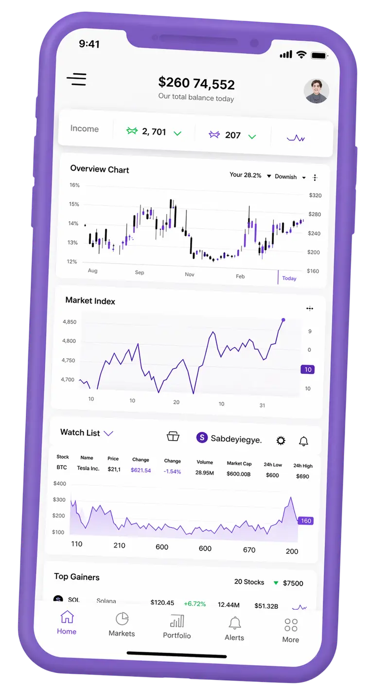 Interface do aplicativo móvel para acompanhar seu portfólio